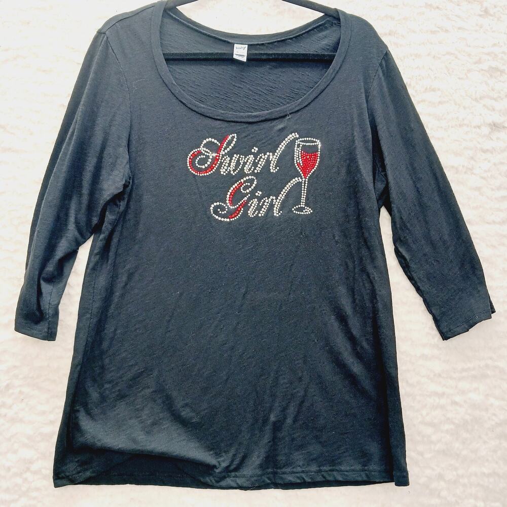 T-Shirt Women Swirl Girl Rhinestone Graphic Black Wine Girls Night Glam Size L